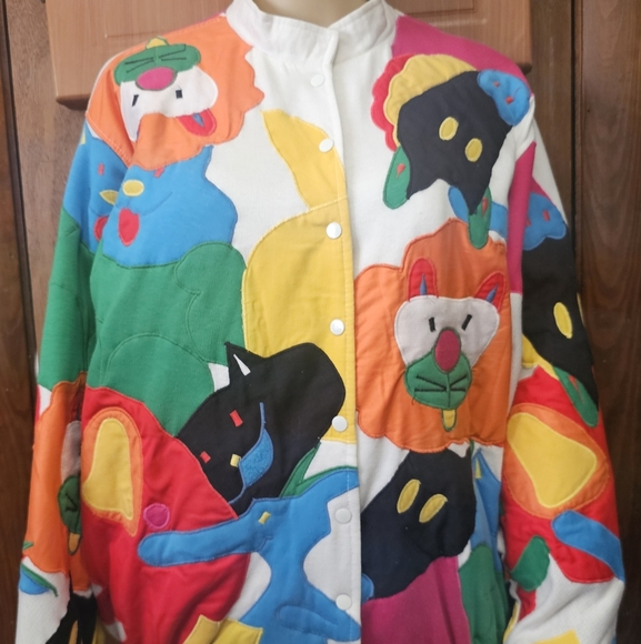 VTG Lilies From The Pond Abstract Animal Art Novelty Patchwork Med Coat Jacket - Picture 1 of 11